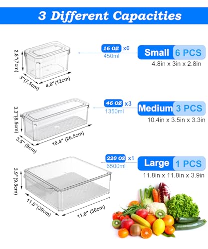 10-Pack Clear Fridge Organizer Bins with Lids, Stackable Refrigerator Storage Containers, BPA-Free with Drain Tray & Anti-Slip Base for Fruits, Veggies, Drinks