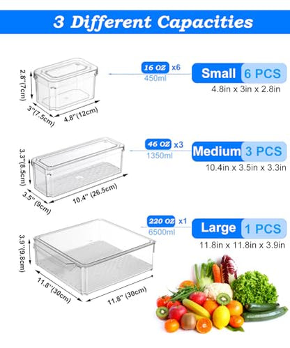 10-Pack Clear Fridge Organizer Bins with Lids, Stackable Refrigerator Storage Containers, BPA-Free with Drain Tray & Anti-Slip Base for Fruits, Veggies, Drinks