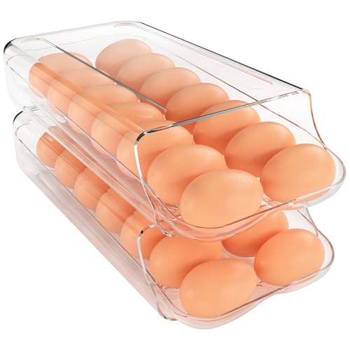 Egg Holder for Fridge, Automatic Rolling Egg Container, Clear, 2Pack