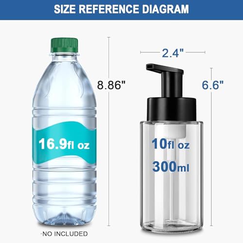 Foaming Soap Dispenser, 10 oz/300ml Foaming Hand Soap Dispenser, 2 Pack Glass Foaming Soap Dispenser for Bathroom Kitchen, Clear Refillable Foam Soap Dispenser Bottle with Waterproof Labels