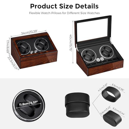 BEWISHOME Watch Winders for Automatic Watches, Automatic Watch Winder Box | Watch Spinner with LED Light,4 Watch Winder with Quiet Running Motor and 6 Storage Case for Man/Woman's Watches, Brown SYQ01Y