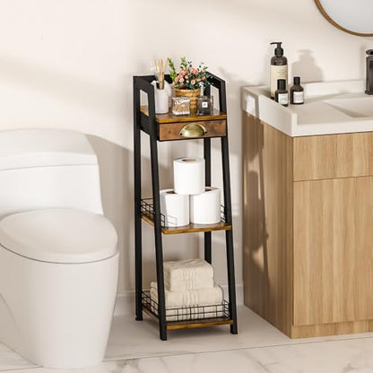 3-Tier Narrow Bathroom Shelves with Drawer, Bathroom Organizers and Storage, Open Floor Ladder Shelf, Freestanding Tower Slim Standing Unit for Small Spaces - Rustic Brown