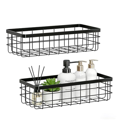 2 Pack Black Adhesive Metal Wire Wall Storage Bask... (2 Count | Black | Metal)