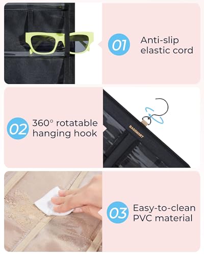 BAGSMART Hanging Jewelry Organizer, Dust Proof Sunglasses Storage Case Wall Mounted, Travel Dual Sided Glasses Case Multiple Pairs, Eyeglasses Holder with 32 Clear Slots & Metal Hook, Black