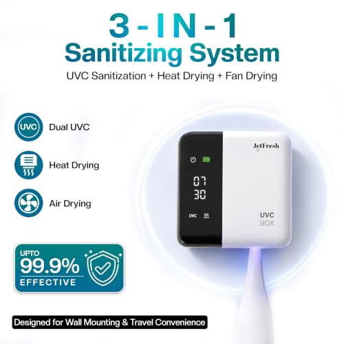 Jetfresh UV Toothbrush Sanitizer Holder & Cleaner with LED Clock Display & Hot Air Drying – Wall-Mounted UV Tooth Brush Holder for Bathroom, Travel, Rechargeable Portable Design, Fits All Brushes