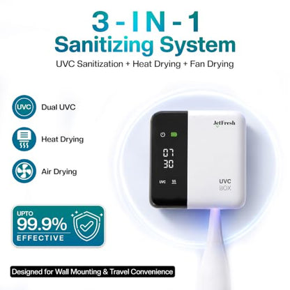 Jetfresh UV Toothbrush Sanitizer Holder & Cleaner with LED Clock Display & Hot Air Drying – Wall-Mounted UV Tooth Brush Holder for Bathroom, Travel, Rechargeable Portable Design, Fits All Brushes