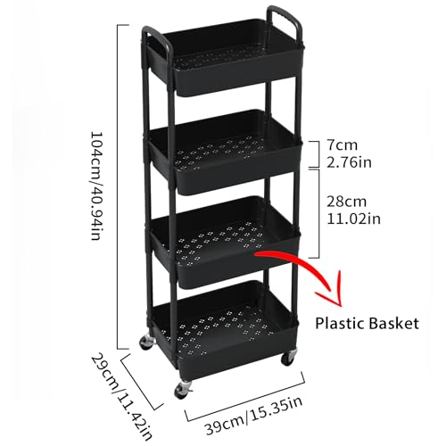 Sywhitta 4-Tier Plastic Rolling Utility Cart with Wheels for Storage, Black | Multi-Functional Storage Trolley, for Office, Living Room, Kitchen, Bathroom,Movable Organizer,Space-Saving,Easy to assemble