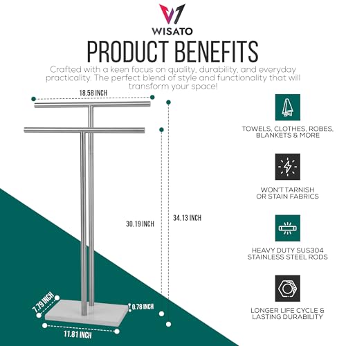 Free Standing Towel Rack for Bathroom - Brushed Nickel Finish - Stand Alone 2 Tier Stainless Steel Towel Rack for Bathroom Floor with Heavy Marble Base, Double T Shape Drying Stand for Towels