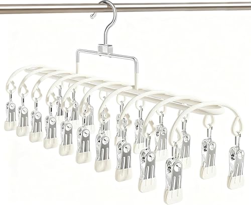 20 Clips Space-Saving Multi-Pants Hangers, 360° Rotating Hangers (Beige) | skirt hangers space saving,legging hangers for closet organizer,Space Saving Hanging Closet Organizer Metal pants organizer