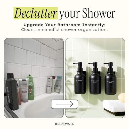 Shampoo and Conditioner Dispenser Wall Mounted Set of 3 Black | 500 ml Shower Gel Dispenser Set of 3. Refillable Shampoo and Conditioner Bottles. Drill Free Secure Design. Black
