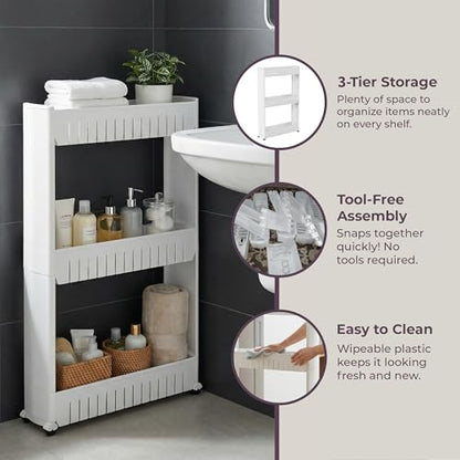 3 Tier Shelf Rolling Cart - Narrow-Space Kitchen o... (White)