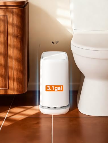 Dog Proof Small Bathroom Trash Can with Lid, Slim Press Top Garbage Can, Narrow White Plastic Waste Basket, for Bathroom Bedroom Office 3.1 Gal with 5 Rolls 75 Trash Bags