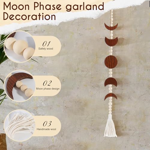 Moon Phase Wall Hanging Wood Beaded with Tassel,Phases of The Moon,Boho Home Decor for Living Room Bedroom Office(Brown)