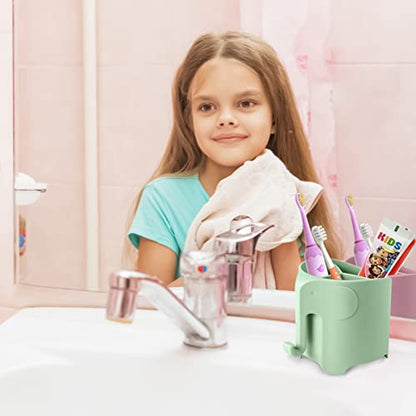 Elephant Toothbrush Holder for Kids,Cute Toddler Toothbrush Holder, Suction Cup Electric Toothbrush and Toothpaste Holder for Toddler with 3 Slots and a Hook for Hanging Bath Ball, Green