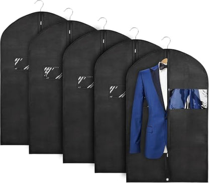 43" Black Garment Bags for Hanging Clothes Storage and Men Travel with Car, Hanging Suit bag Cover with Zipper, Clear Window and Name Tag for Shirt, Jacket, Suit, Coat (5 PACK)