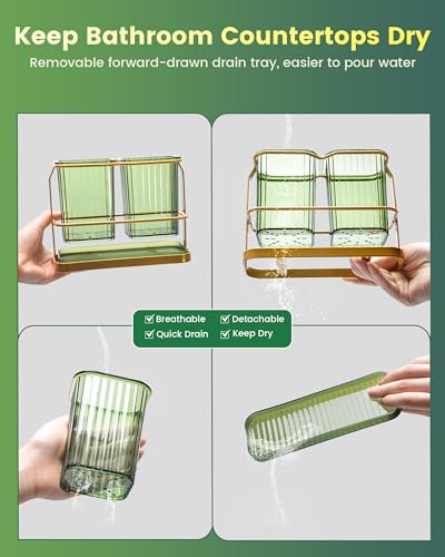 Green Toothbrush Holders for Bathrooms, 2 Cups Toothbrush Holders Wall Mounted, Dry & Wet Separation, Bathroom Organizers and Storage, Bathroom Toothbrush Holder Set for Family Kids