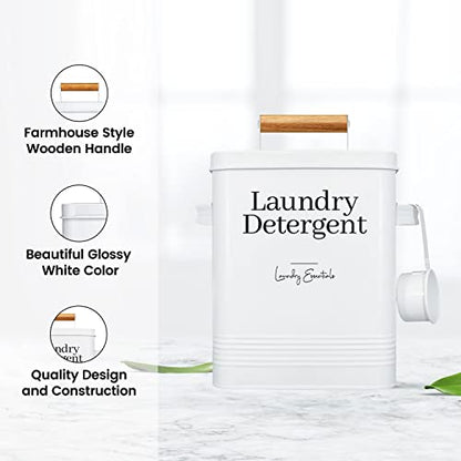 Modern Farmhouse Laundry Detergent Container for Laundry Decor (White) | Metal Laundry Pods Container, Laundry Powder Holder for Laundry Room Organization