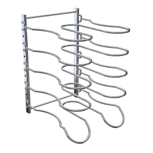 Heavy Duty Pan Rack, Pot Lid Rack, Kitchen Cabinet Pantry Cookware Organizer Rack Holder with 5 Adjustable Dividers, Chrome
