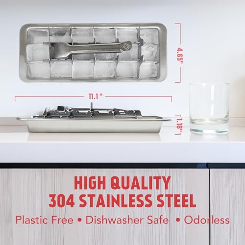Metal Stainless Steel Ice Cube Trays with Lever, 18 cubes | Vintage Retro Design, 11 Inch, Non Toxic, BPA Free, Plastic Free, No Aluminum, Dishwasher Safe, Cocktails and Whiskey