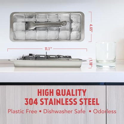 Metal Stainless Steel Ice Cube Trays with Lever, 18 cubes | Vintage Retro Design, 11 Inch, Non Toxic, BPA Free, Plastic Free, No Aluminum, Dishwasher Safe, Cocktails and Whiskey