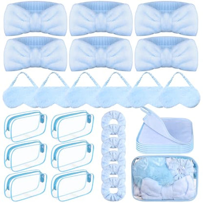 30 Pcs Spa Sleepover Party Supplies 6 Bow Makeup Headband 6 Plush Sleep Eye Mask 6 Velvet Scrunchies 6 Makeup Remover Cloth 6 Clear Cosmetic Bags for Women Slumber Party Favors (Blue)