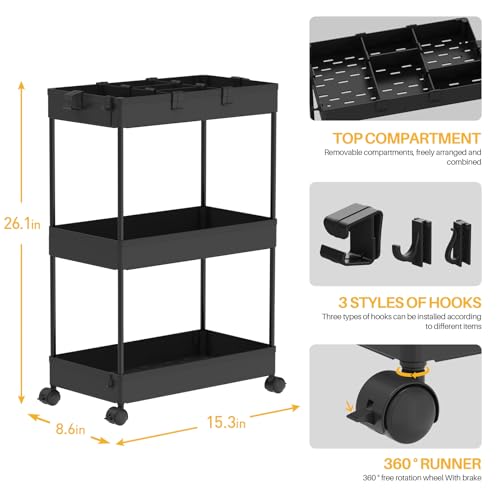 3 Tier Rolling Cart with Wheels, Storage Craft Art Trolley Organizer Serving, 3 Hanging Baskets Easy Assembly, for Office, Bathroom，Living Room, Kitchen, Black