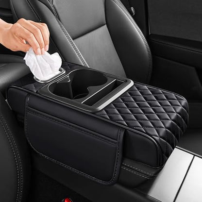 5 in 1 Nappa Leather Console Armrest Cover, Black | Built-in cup holder, tissue slot, phone holder & 2 storage pockets, practical car accessories fit SUV sedan truck