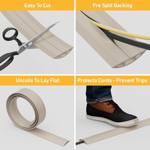 D-Line 6ft Floor Cord Cover, Cable Protector, Hide Extension Cords, Protect Cords, Prevent Cable Trips, Heavy Duty Cord Hider - Cable Cavity = 0.63" (W) x 0.31" (H) - Beige