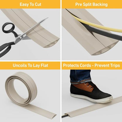 D-Line 6ft Floor Cord Cover, Cable Protector, Hide Extension Cords, Protect Cords, Prevent Cable Trips, Heavy Duty Cord Hider - Cable Cavity = 0.63" (W) x 0.31" (H) - Beige