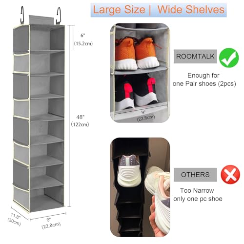 Large-Sized Hanging Shoe Organizer 8-Shelf, Hanging Closet Organizer with 8 Side Pockets, Wider Hanging Shelves for Storage Shoes Clothes 9" W × 11.8" D× 48" H, Grey