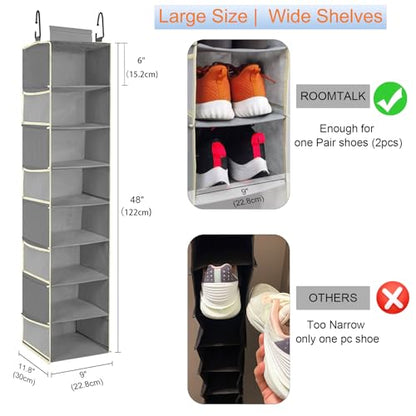 Large-Sized Hanging Shoe Organizer 8-Shelf, Hanging Closet Organizer with 8 Side Pockets, Wider Hanging Shelves for Storage Shoes Clothes 9" W × 11.8" D× 48" H, Grey