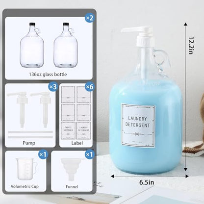 2pcs Glass Liquid Laundry Detergent Dispenser-1 Gallon Glass Pump Bottle Dispensers-Laundry Detergent Dispenser for Fabric Softener, Bleach, Shampoo, Body Wash- Laundry Soap Dispenser