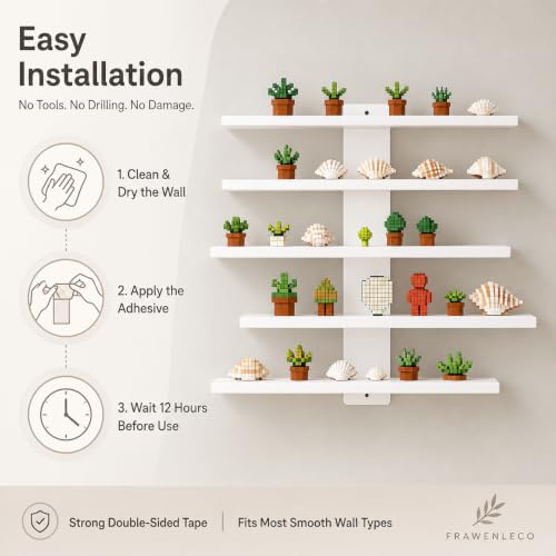 No Drill Wall Shelf, 5-Tier White Floating Shelves with Adhesive, Thickened 12mm PVC Board, Damage-Free Wall Mounted Organizer for Bathroom, Kitchen, Living Room, Bedroom(White)