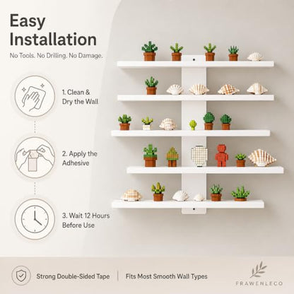 No Drill Wall Shelf, 5-Tier White Floating Shelves with Adhesive, Thickened 12mm PVC Board, Damage-Free Wall Mounted Organizer for Bathroom, Kitchen, Living Room, Bedroom(White)