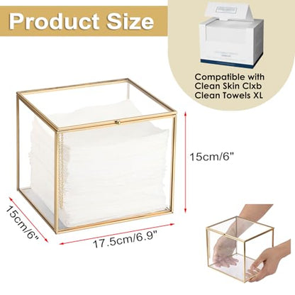 Sumnacon Glass Disposable Face Towel Holder Compatible with Clean Skin Cluub XL Facial Towels, Gold Clear Face Towels Storage Box with Lid, Makeup Container Organizer for Bathroom, Vanity Countertop