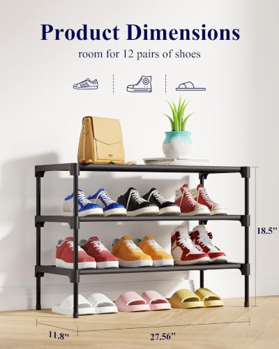 Kitsure Shoe Rack - Non-Woven Shoe Rack Shelf, 27.5" Wide - 3 Tier, Black | Shoe Organizer for Closet, Entryway, Garage, Stackable Shoe Shelves, college dorm&apartment essentials