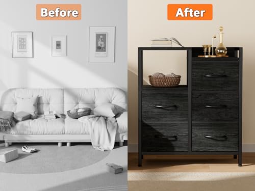 Black Dresser for Bedroom, 5 Drawer Small Fabric Closet Dresser | Small Chest of Drawers, Storage Cabinet Organizer with 2 Tier Shelf, Drawer Units with Metal Frame, Dresser for Dorm, Hallway