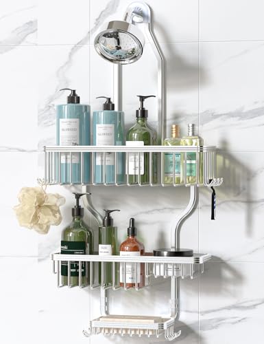 Never Rust Shower Caddy Hanging, Aluminum Shower Racks for Inside Shower, 3-Tier Shower Organizer Hanging Over Shower Head with Hooks and Soap Holder, Silver