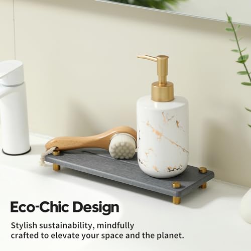 Kitchen Sink Caddy Water Absorbing Stone Drying Tray, Diatomite Bathroom Sink Organizer, Faucet Counter Mat Coaster, Soap Dish Rack Riser Dispenser Sponge Holder, Dark Gray Gold 10" x 4"