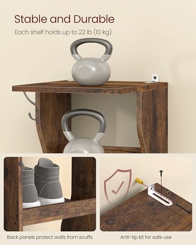 VASAGLE 7-Tier Vertical Shoe Rack, Narrow Shoe Storage Organizer with Hooks, Slim Corner Tower Shelf, Space-Saving for Entryway and Bedroom, Rustic Brown ULBS200KD01