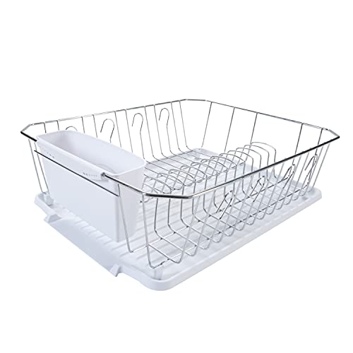 Kitchen Details 3 Piece Dish Rack | Drying Rack, Cutlery Basket & Drainboard Tray | Countertop | Self Draining | Open Wire Design | Chrome | White
