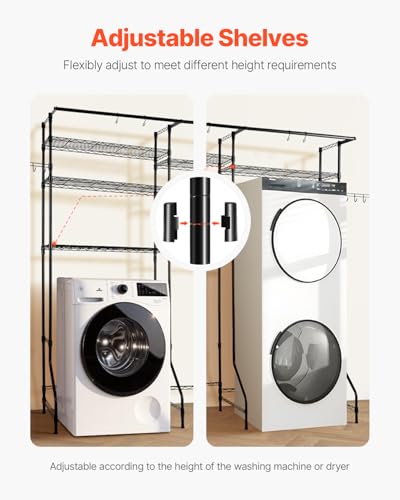 VEVOR Over Washer and Dryer Storage Shelves, 6 Tiers Laundry Room Drying Rack with Hanger Rod and Hooks, Two Rows Adjustable Washer Shelves Space Saver, for Laundry Room Storage & Organization, Black