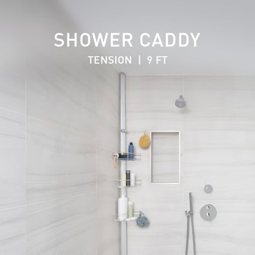 simplehuman Tension Pole Shower Caddy, No-Drill Floor to Ceiling Bathroom Organizer for Bathtub & Inside Shower, Extends 6 to 9 Feet, 3 Adjustable Shelves, Rust-Proof Stainless Steel