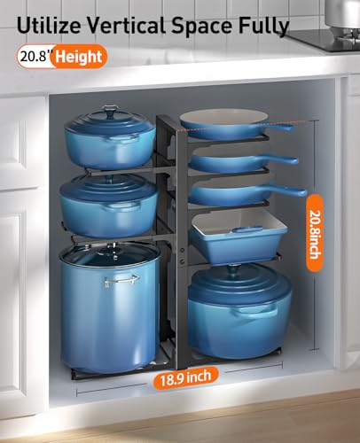 Pots and Pans Organizer Under Cabinet 20.8", 8-Tier Adjustable Black | 2 DIY Modes, Tool-Free Assembly, Max 120 Lbs, Fits Large Stockpots, Cast Iron Pans & Heavy Cookware, For Kitchen Cabinets