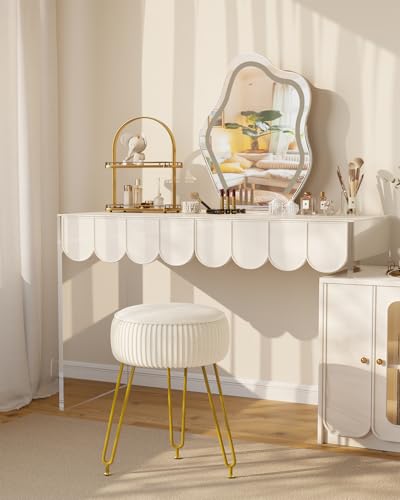 IBUYKE Makeup Vanity Stool, Velvet Round Footrest Ottoman, White LG-30M | Dressing Table Seat Pouf Couch chair Golden Steel Legs