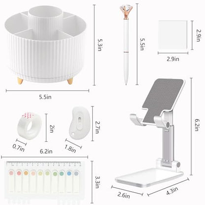 Office Supplies, White Desk Accessories,Desk Organizer,Phone Stand,Scissors,Stapler,Tape Dispenser,Binder clips,Staples,staple remover,Sticky Notes,Index Tabs,Clear Tape,Mini Box Cutter,Cool Pen.16pcs