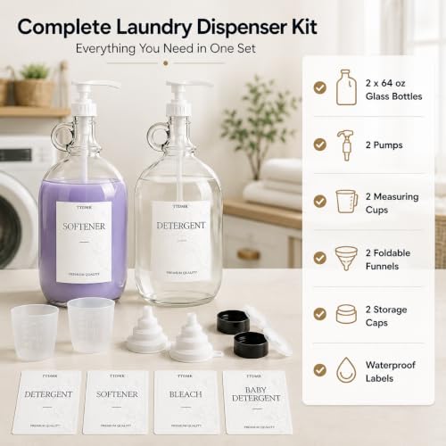 2 Pack Glass Laundry Detergent Dispensers, 64 oz Half Gallon Bottles | Includes Pumps, Waterproof Labels, Funnels and Measuring Cups. Ideal for Organizing Laundry Detergent and Fabric Softener.