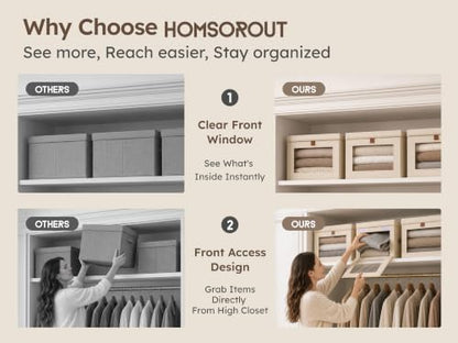 Large Closet Storage Organizer - Clothes Storage Bins with Handles & Window, Collapsible Decorative Boxes with Lids, Fabric Containers for Living Room, Dorm, 2 Pack, Beige