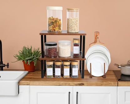 Marsui 4 Pcs Kitchen Organizer Accessories Set for Cabinet,Deep Color | Cabinet Organizer Shelves, Bamboo Dish Drying Plate Rack, Wooden Counter Storage Holder, for Spice Dish Pot Lid Bowl Cup