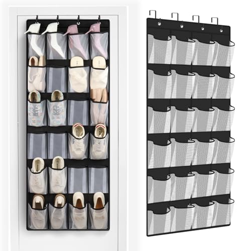 FENTEC 24 Large Pockets Over Door Shoe Organizer, Mesh Hanging Shoe Organizer for Closet Mesh Closet Holder, Back of Door Organizer for Cruise Ships, Rack for Wall, Black, 1 Pack